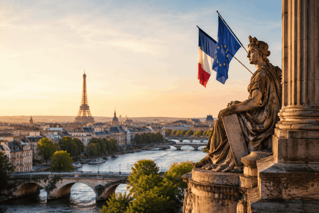 Vue de Paris et symbole de la justice française - Lex Guide, blog d'information juridique et droit français - Guide juridique information