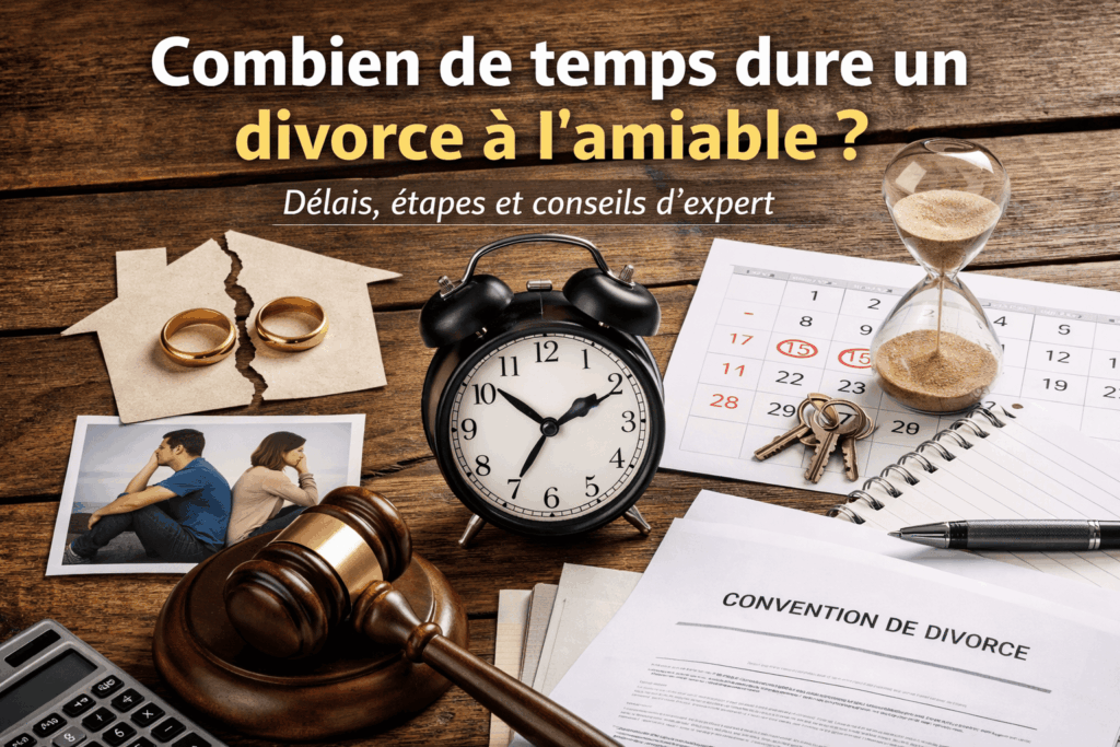 Combien de temps dure un divorce à l’amiable en France avec illustration des délais, documents juridiques, horloge et convention de divorce