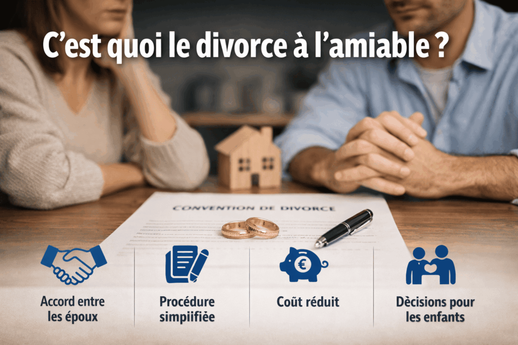 Divorce à l’amiable expliqué avec un couple en discussion autour d’une convention de divorce, illustrant un accord entre époux, une procédure simplifiée, un coût réduit et les décisions concernant les enfants
