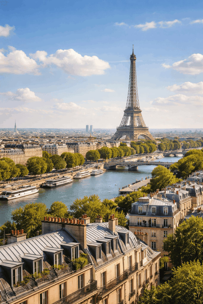Vue panoramique de Paris avec la Tour Eiffel et la Seine – conseil juridique et avocats à Paris