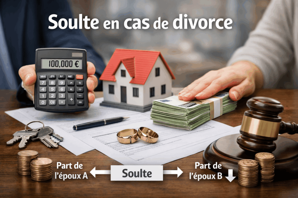 Calcul de la soulte en cas de divorce avec maison, argent, calculatrice et partage entre époux
