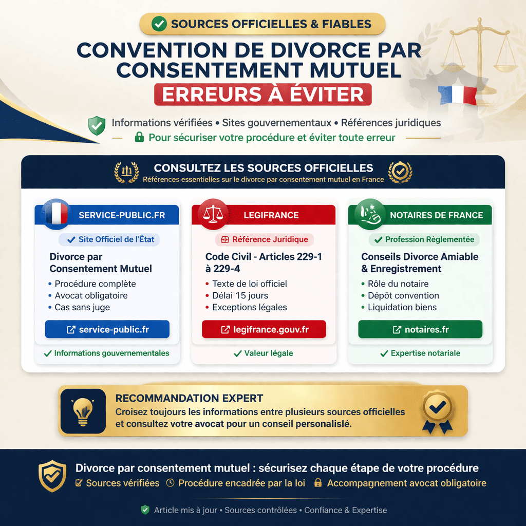 Sources officielles sur le divorce par consentement mutuel en France : Service Public, Legifrance et notaires