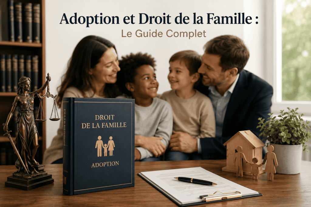 Illustration d'une famille adoptive accompagnée de documents juridiques et de symboles du droit, représentant les procédures d'adoption, les droits parentaux et la protection de l'enfant dans le cadre du droit de la famille.