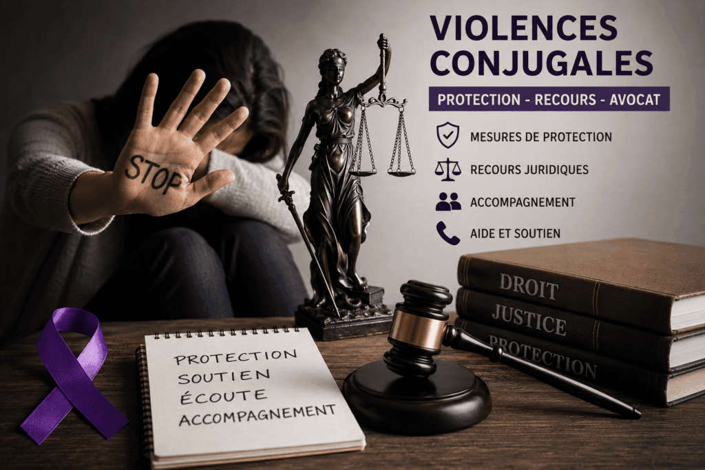 Illustration des violences conjugales montrant une victime demandant de l’aide, accompagnée de symboles de justice, de protection juridique et de recours destinés aux personnes confrontées aux violences au sein du couple.