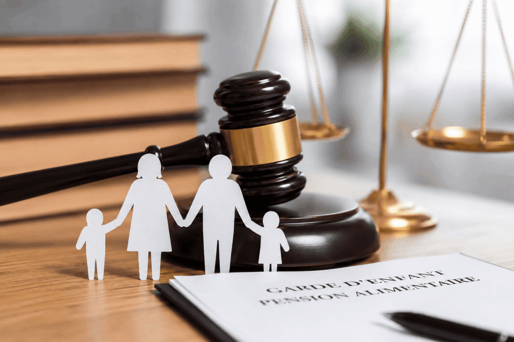 Image illustrant une séparation familiale avec une figurine de parents et enfants devant un marteau de juge et des documents juridiques liés à la garde des enfants et à la pension alimentaire.