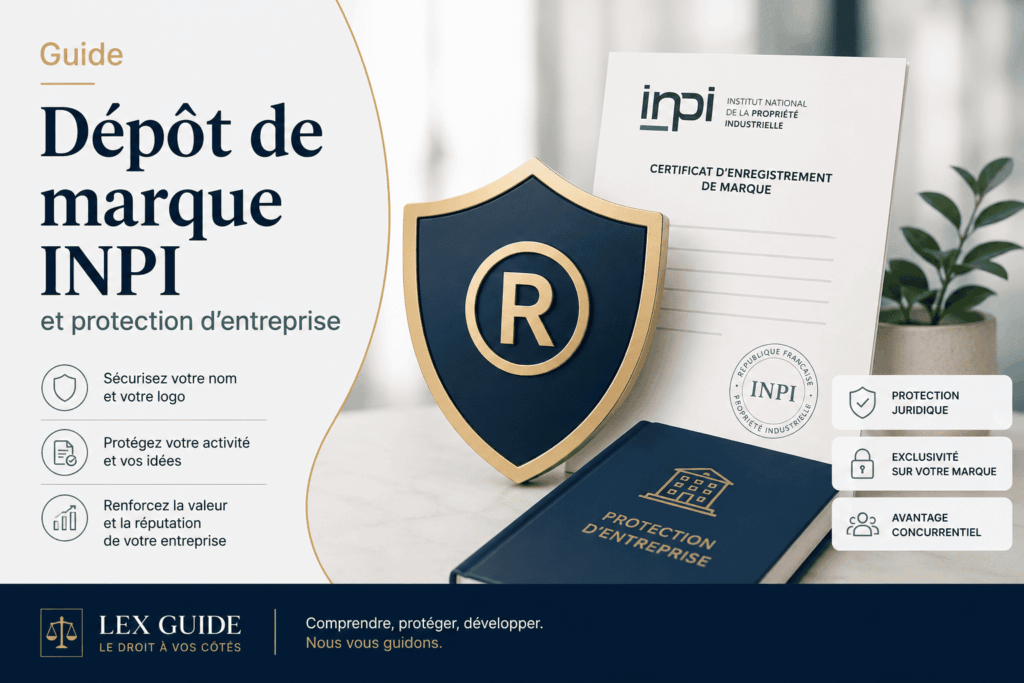 Guide complet du dépôt de marque à l’INPI et protection juridique d’entreprise avec certificat d’enregistrement et symbole de marque protégée.