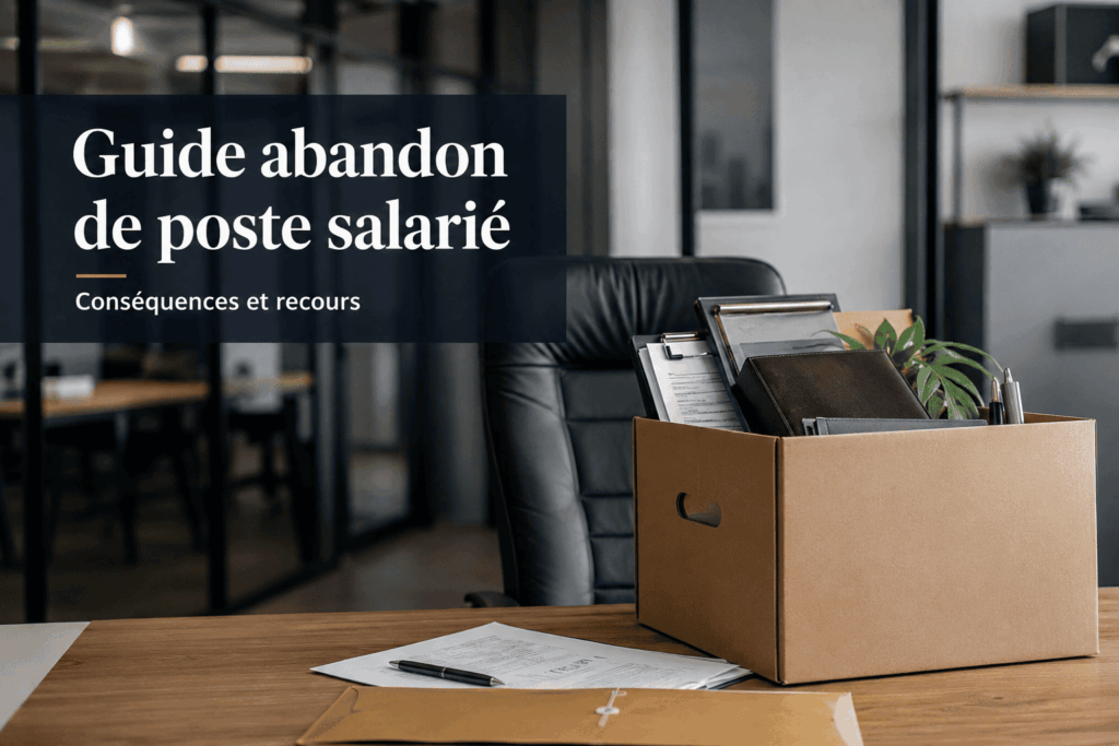 Salarié ayant quitté son poste de travail avec ses effets personnels dans un bureau, illustrant l’abandon de poste et ses conséquences juridiques.