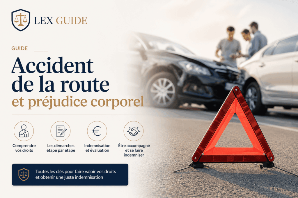 Guide accident de la route et préjudice corporel avec véhicule accidenté et triangle de signalisation pour l'indemnisation des victimes