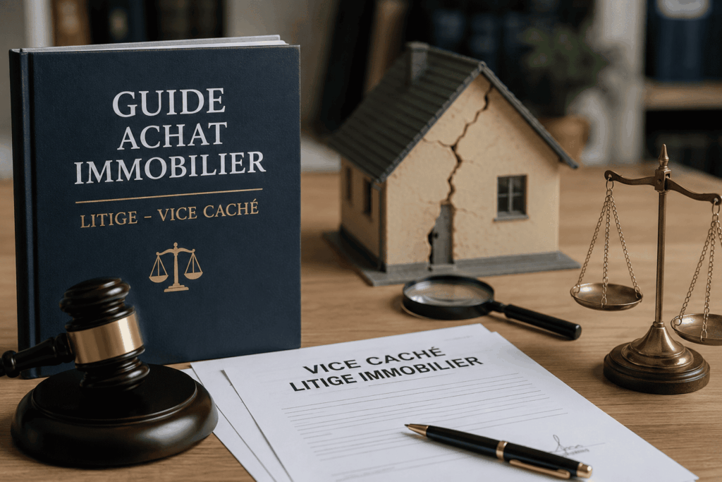 Litige immobilier pour vice caché lors d’un achat immobilier avec maison fissurée et symboles juridiques