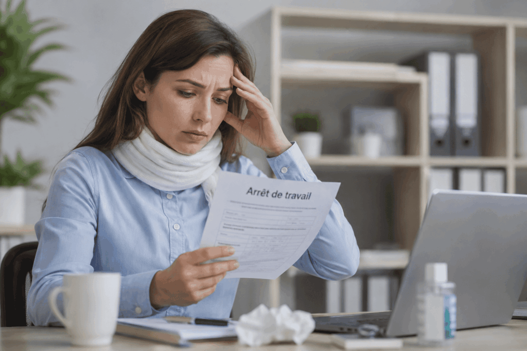 Salariée consultant un arrêt maladie dans son bureau et vérifiant ses droits face à son employeur.