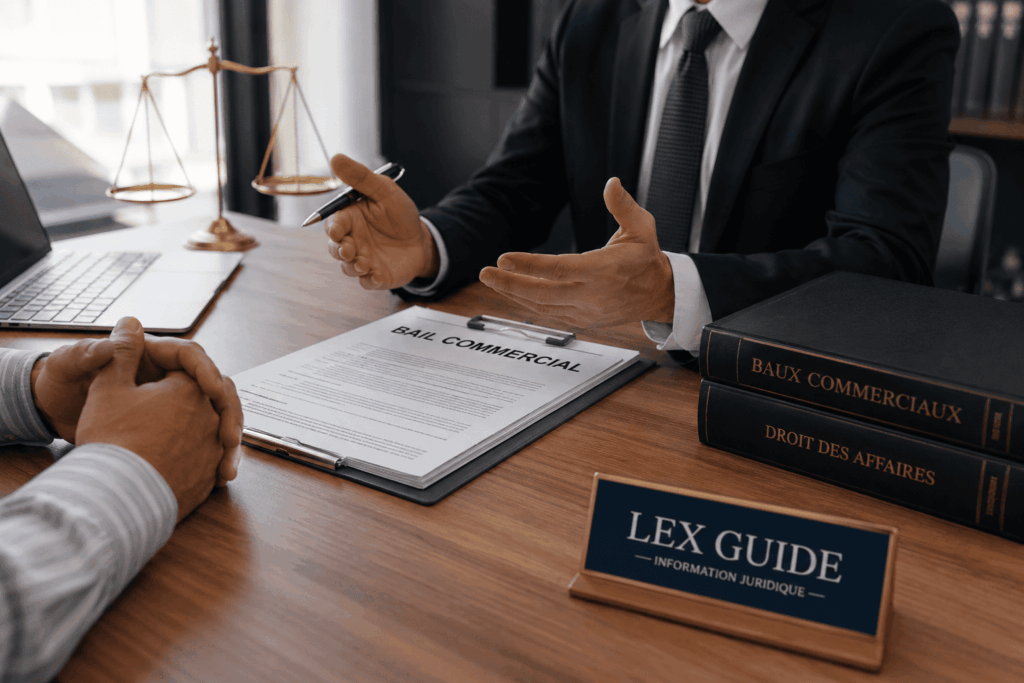 Avocat expliquant un litige de bail commercial entre un locataire et un propriétaire lors d’une consultation juridique.