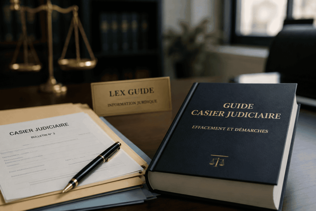 Illustration d'un guide juridique consacré au casier judiciaire, aux procédures d'effacement des condamnations et aux démarches administratives nécessaires pour obtenir ou régulariser sa situation.