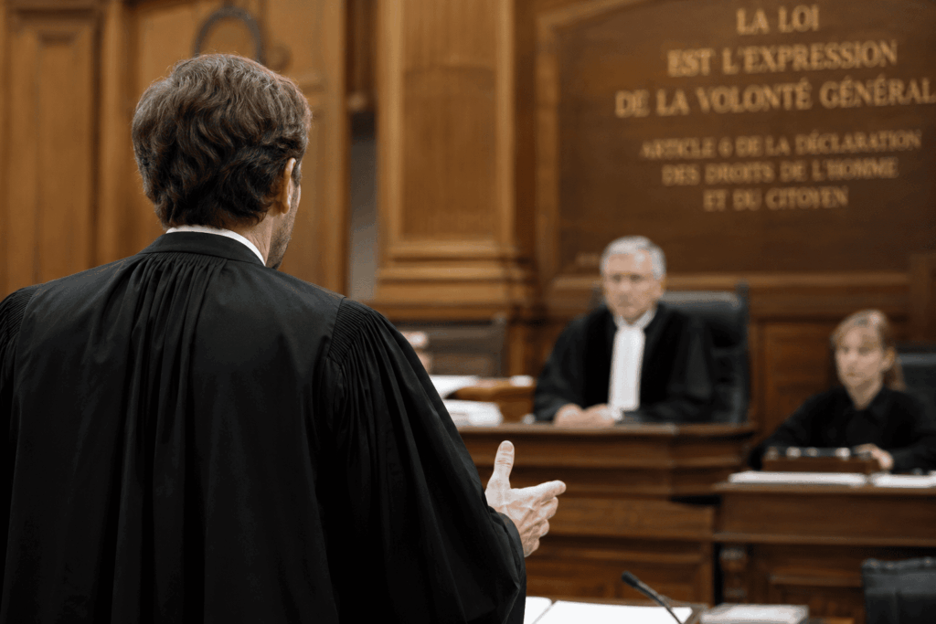 Illustration réaliste d'une audience de comparution immédiate dans un tribunal français. Un avocat pénaliste plaide devant les magistrats afin de défendre les intérêts de son client, dans le cadre d'une procédure pénale rapide nécessitant une préparation juridique rigoureuse.
