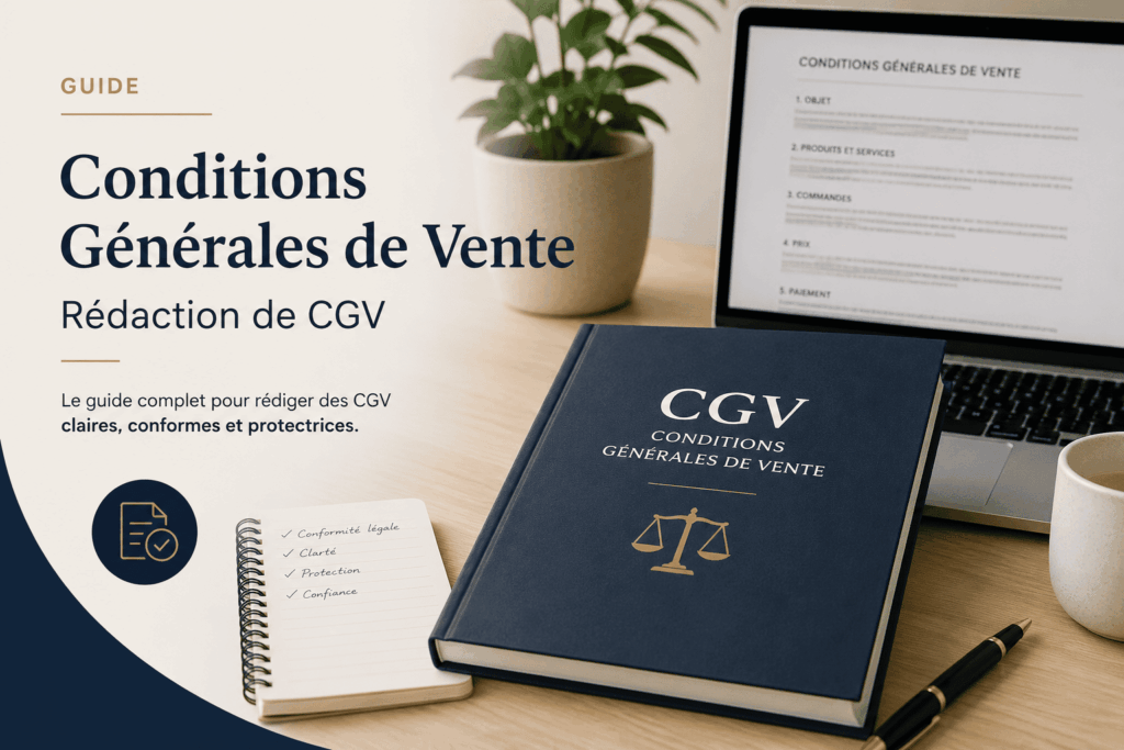 Guide complet de rédaction des conditions générales de vente (CGV) avec document juridique, ordinateur portable et carnet de notes.