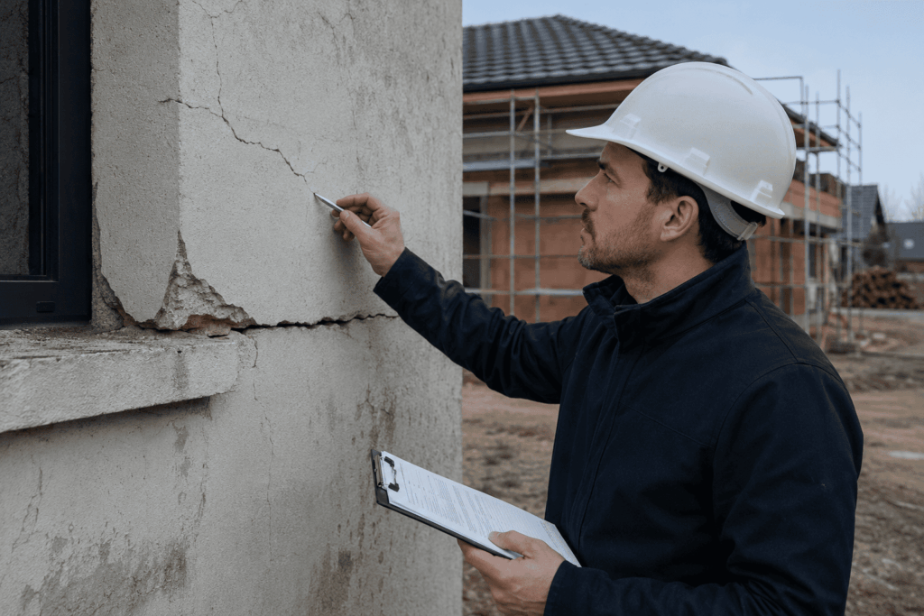 Illustration réaliste d'un propriétaire constatant des défauts de construction dans un logement neuf avec un expert en bâtiment. Cette image accompagne un guide juridique sur les recours contre un constructeur en cas de malfaçons immobilières, garantie de parfait achèvement, garantie décennale et indemnisation.