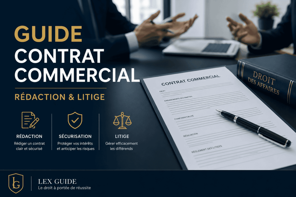 Contrat commercial avec stylo et ouvrage de droit des affaires illustrant la rédaction et la gestion des litiges commerciaux