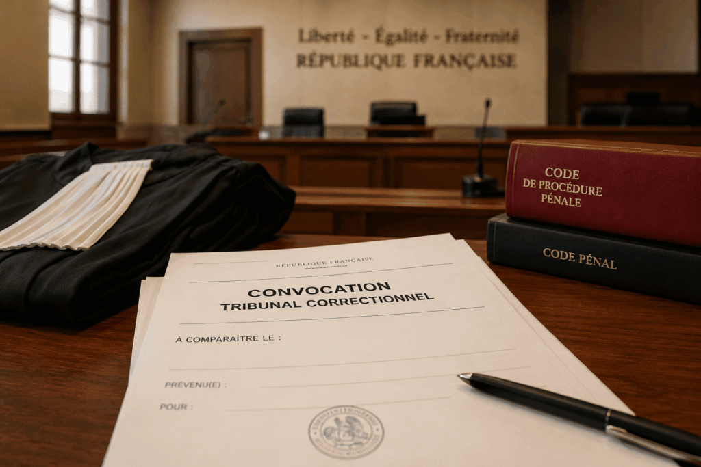 Convocation devant le tribunal correctionnel avec dossier pénal et codes juridiques dans une salle d’audience française