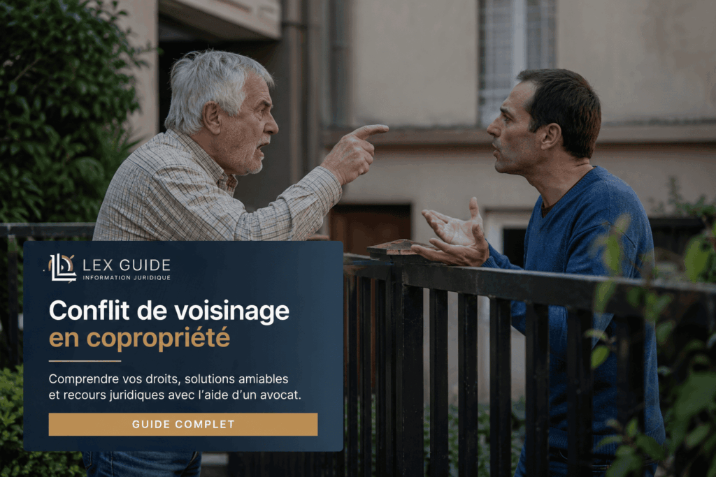 Conflit de voisinage en copropriété entre deux résidents discutant d’un litige avec recours à un avocat spécialisé en droit immobilier.