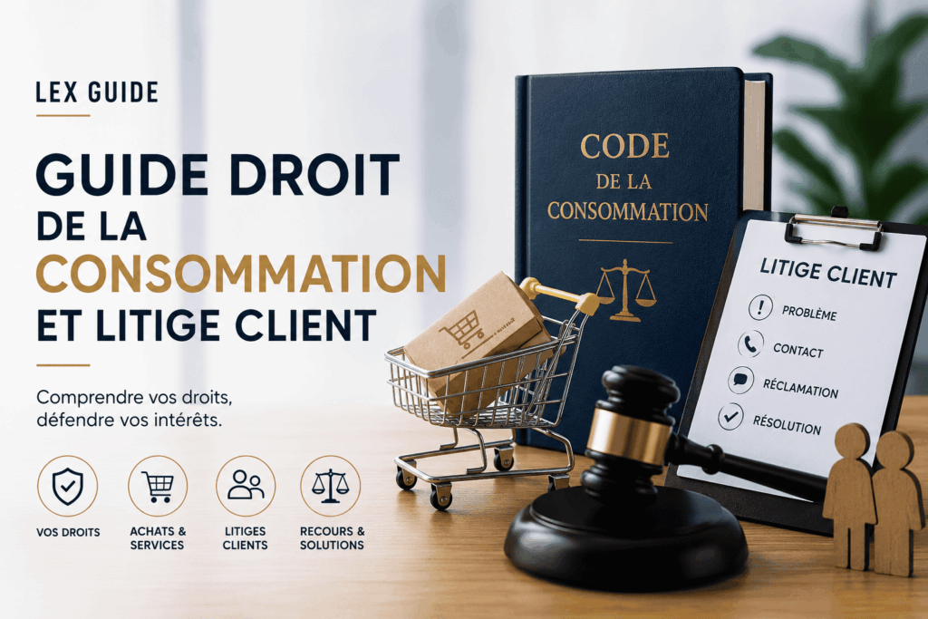 Guide du droit de la consommation et des litiges clients avec code juridique, marteau de justice et symboles de protection du consommateur.