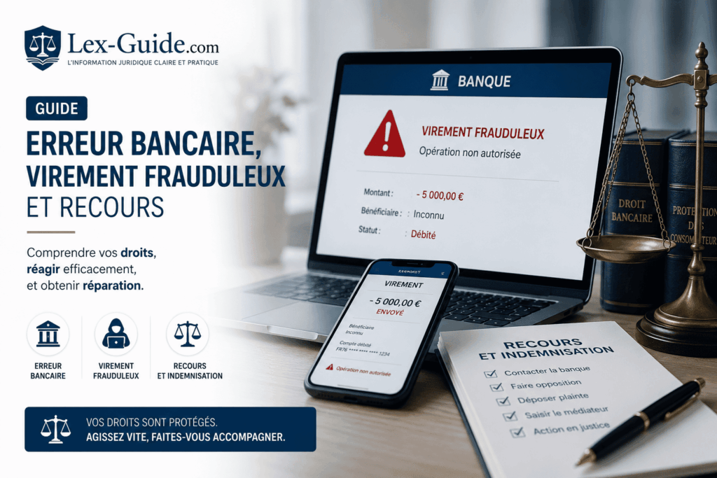Illustration juridique d'un virement frauduleux et des recours en cas d'erreur bancaire.