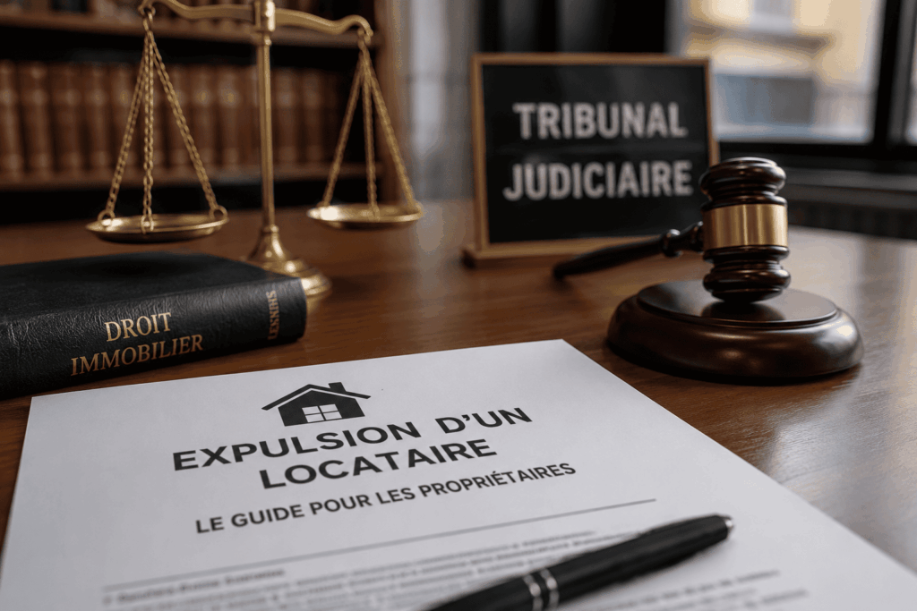Illustration représentant un guide juridique consacré à l'expulsion d'un locataire. L'image met en scène un document officiel, un marteau de juge et les symboles de la justice pour accompagner les propriétaires dans leurs démarches légales.