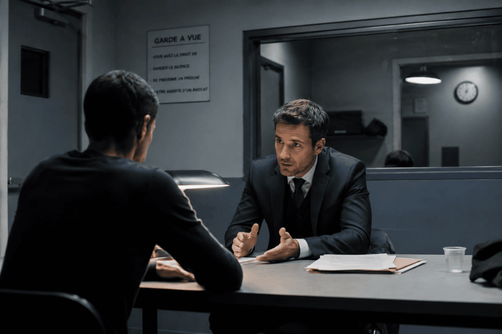 Illustration réaliste d’un avocat conseillant une personne en garde à vue dans une salle d’audition. Cette image met en avant les droits de la défense, l’assistance juridique et les garanties prévues par la procédure pénale française.