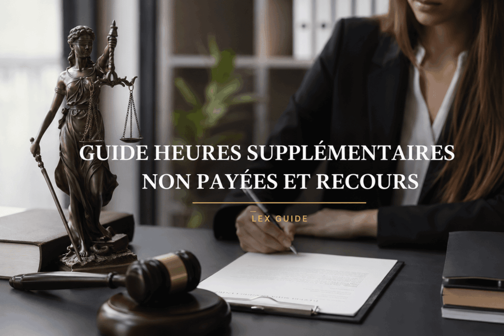 Juriste analysant un dossier de travail avec documents contractuels, symbole de la justice et marteau de juge, illustrant les recours en cas d'heures supplémentaires non payées.