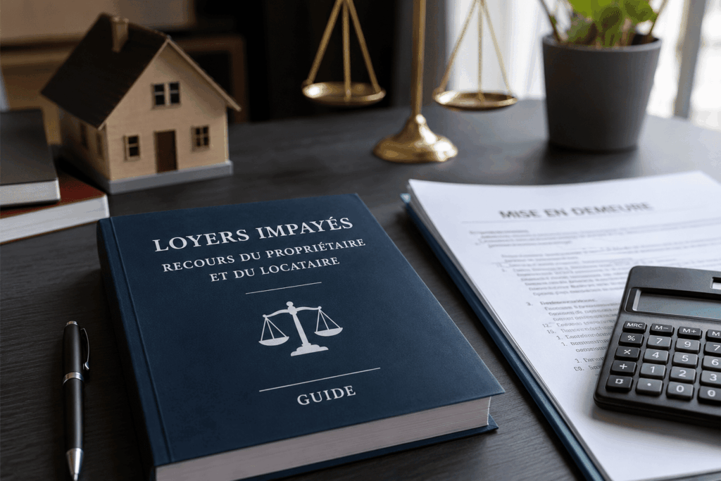 Guide juridique sur les loyers impayés présentant les recours du propriétaire et les droits du locataire avec documents, balance de justice et maquette de maison.