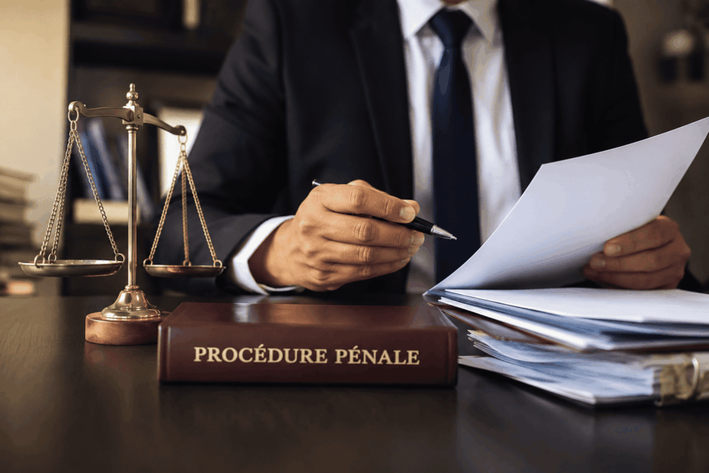 Avocat examinant un dossier de plainte pénale dans son cabinet avec documents juridiques et code de procédure pénale.