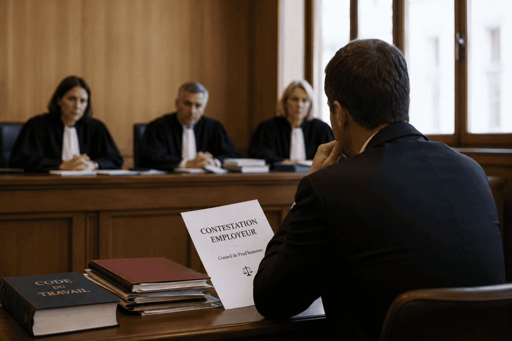 Salarié contestant une décision de son employeur devant le conseil de prud'hommes lors d'une audience en France.