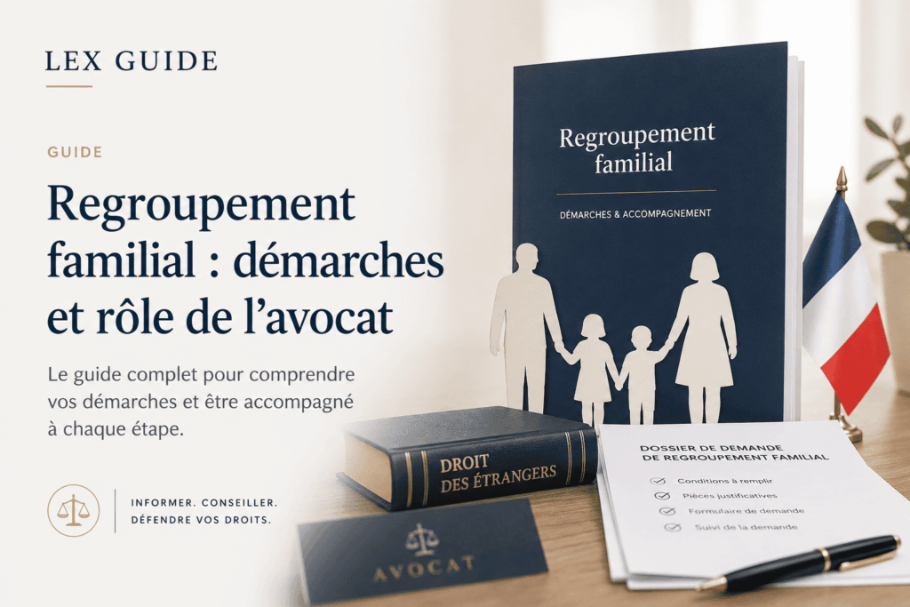 Guide sur le regroupement familial en France présentant les démarches administratives et l'accompagnement d'un avocat en droit des étrangers.
