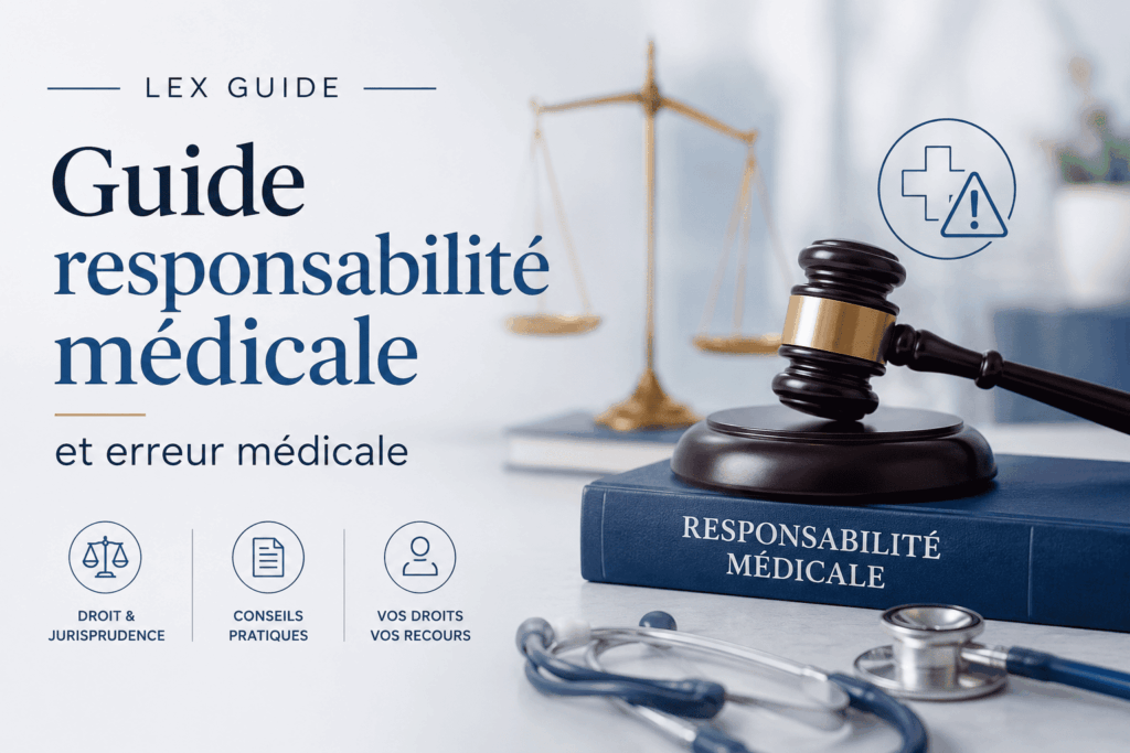 Guide sur la responsabilité médicale et l'erreur médicale avec symbole de justice, marteau de juge et matériel médical.