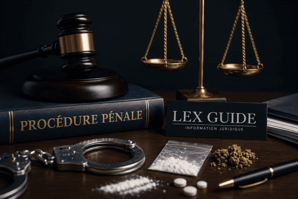 Procédure pénale liée aux stupéfiants avec avocat de la défense, code pénal, menottes et éléments de preuve sur un bureau juridique.
