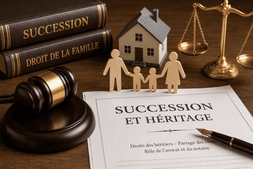 Illustration d’une succession et d’un héritage avec une maison, une famille, un marteau de justice et des documents juridiques relatifs aux droits des héritiers et au partage du patrimoine. avocat succession héritage