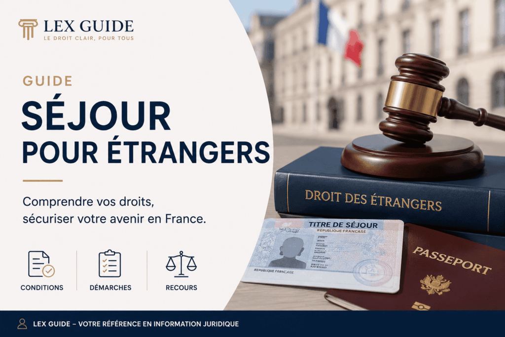 Guide titre de séjour pour étrangers réalisé par un avocat en droit des étrangers, avec carte de séjour, passeport et symboles juridiques en France.