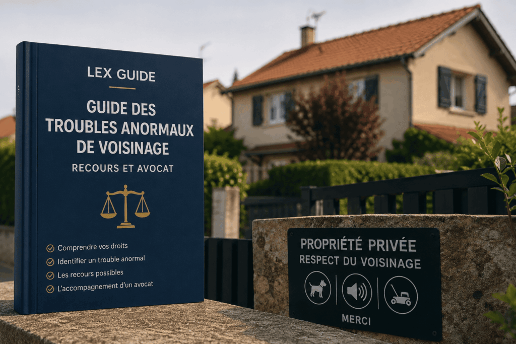 Illustration réaliste représentant un guide juridique dédié aux troubles anormaux du voisinage. Bruits, nuisances, odeurs ou conflits entre voisins : comprendre ses droits et les recours possibles avec l'assistance d'un avocat.
