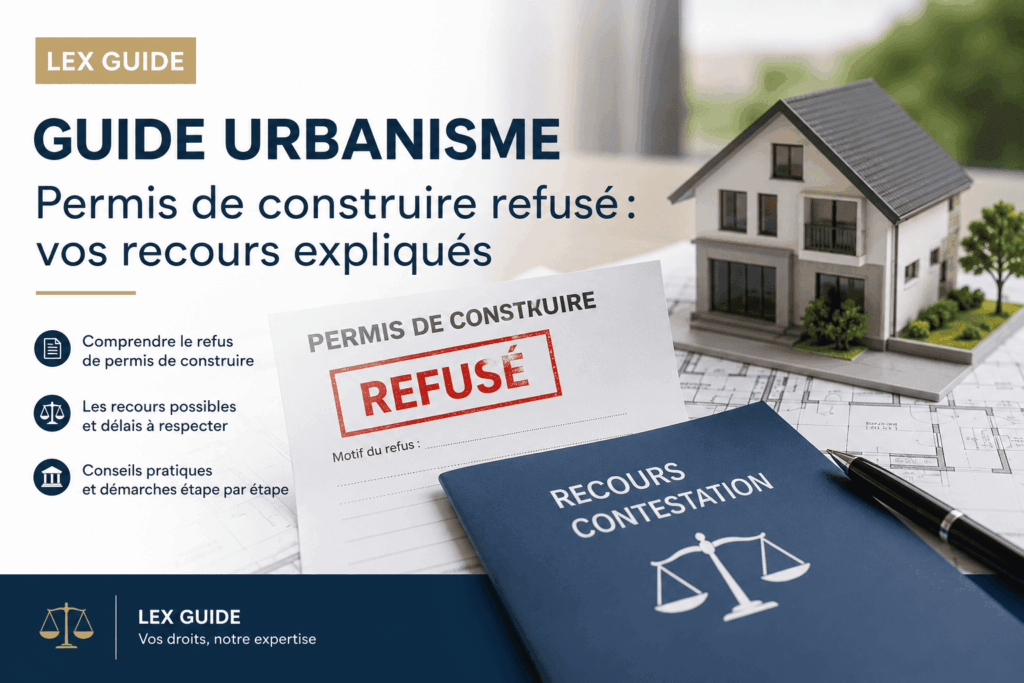 Guide d'urbanisme expliquant les recours possibles après un refus de permis de construire avec dossier de contestation et plan de maison.