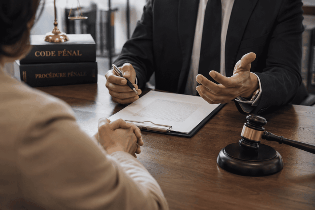 Avocat en droit pénal conseillant une victime ou une personne mise en cause dans une affaire de violences volontaires lors d’un entretien juridique.