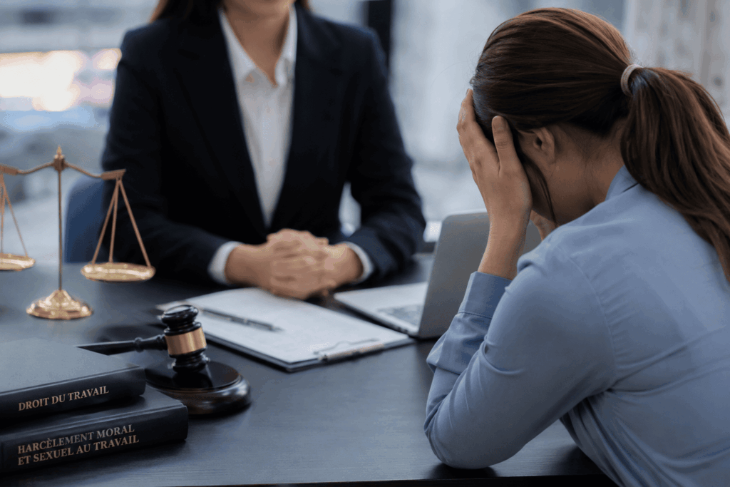 Victime de harcèlement moral ou sexuel en consultation avec un avocat spécialisé pour préparer un dossier juridique et faire valoir ses droits.