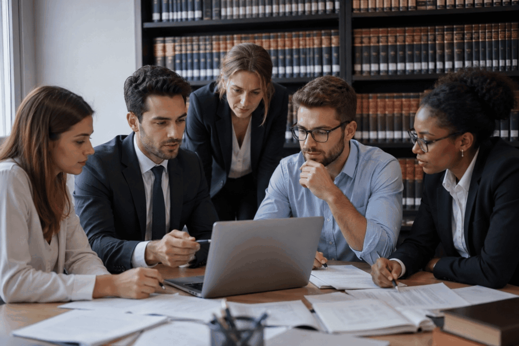 Membres de l'équipe éditoriale Lex Guide analysant des documents juridiques et préparant des guides d'information sur le droit français.