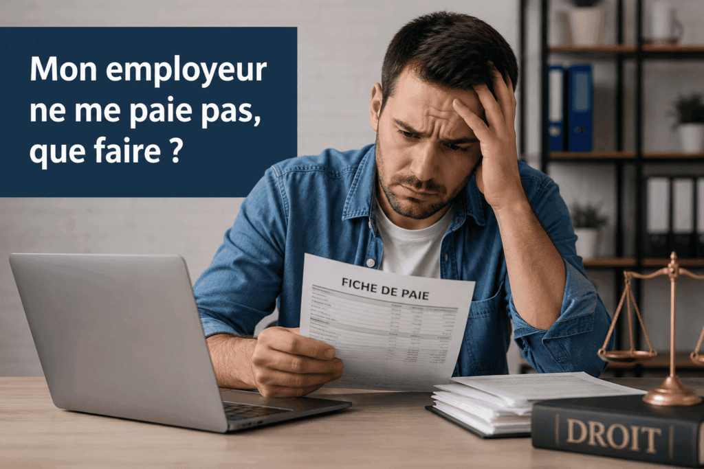 Salarié inquiet consultant sa fiche de paie après un salaire impayé, illustrant les démarches à effectuer lorsque l'employeur ne verse pas la rémunération.