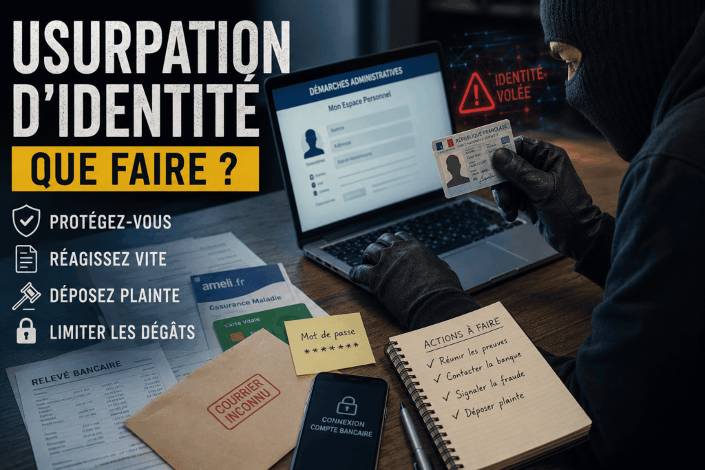 On a usurpé mon identité : que faire immédiatement pour se protéger, déposer plainte et limiter les conséquences d'une usurpation d'identité en France - Illustration représentant une usurpation d'identité en France avec un fraudeur utilisant des documents personnels. Cette image accompagne un guide complet expliquant que faire lorsqu'une personne utilise votre identité, comment réagir rapidement, déposer plainte, protéger ses comptes et limiter les risques liés à une fraude administrative ou bancaire.