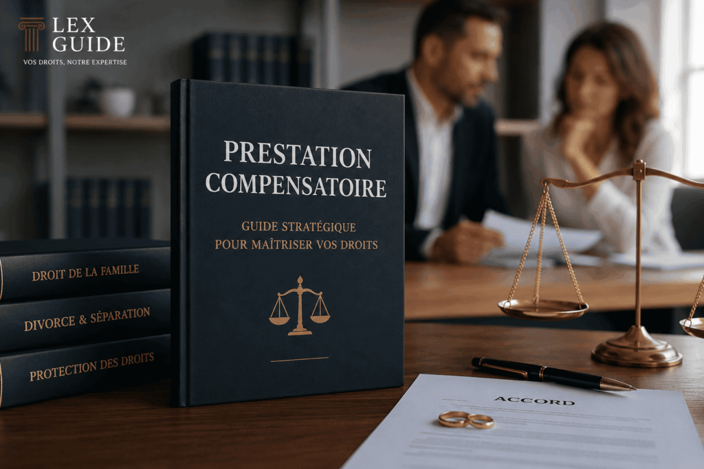 Guide juridique sur la prestation compensatoire avec dossier de divorce, balance de justice et accompagnement juridique des époux
