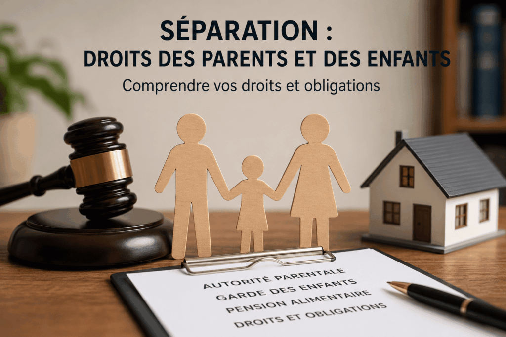 Illustration des droits des parents et des enfants après une séparation avec autorité parentale, garde des enfants, pension alimentaire et décisions du juge aux affaires familiales.