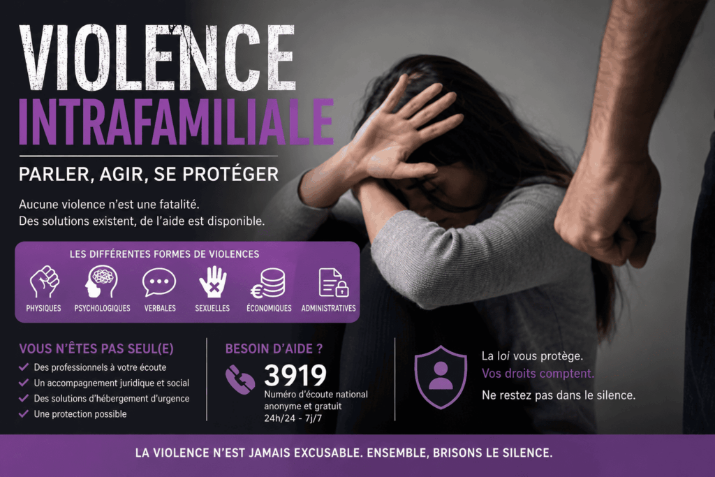 Violence intrafamiliale : femme victime de violences familiales illustrant les différentes formes de violences et les dispositifs de protection juridique des victimes.