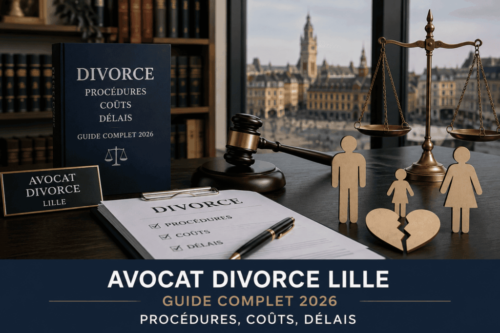 Cabinet d'avocat spécialisé en divorce à Lille avec documents juridiques, marteau de juge et symboles représentant les procédures de divorce, les coûts et les délais.