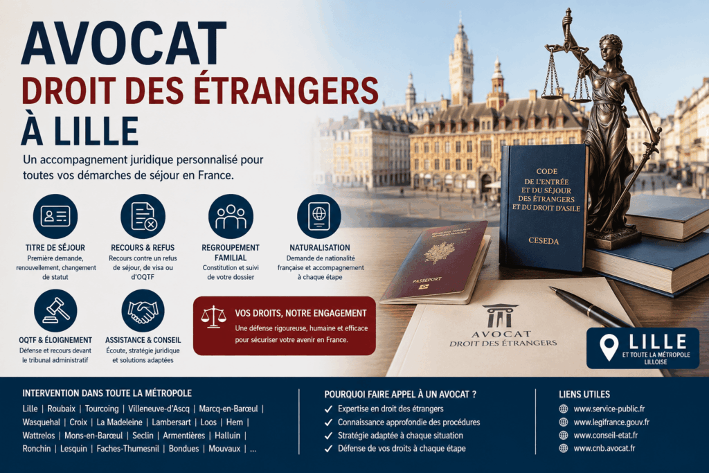 Avocat en droit des étrangers à Lille accompagnant les démarches de titre de séjour, naturalisation, visa, OQTF, regroupement familial et recours administratifs.
