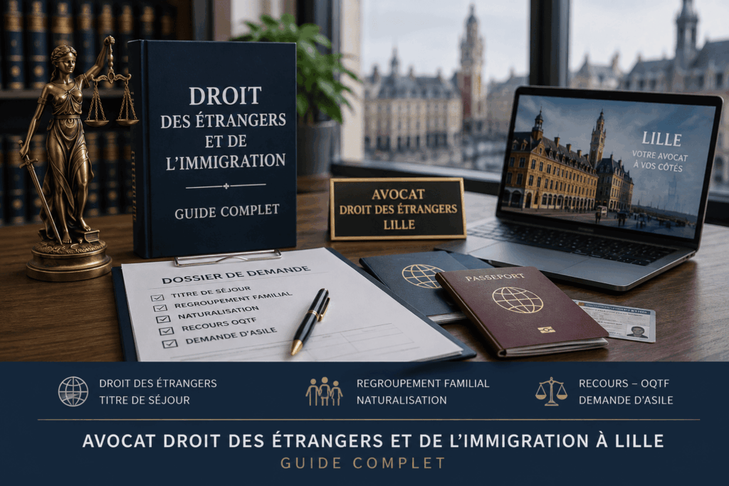 Cabinet d'avocat en droit des étrangers et de l'immigration à Lille avec passeports, documents administratifs et symboles juridiques liés aux démarches de séjour, de naturalisation et d'asile.