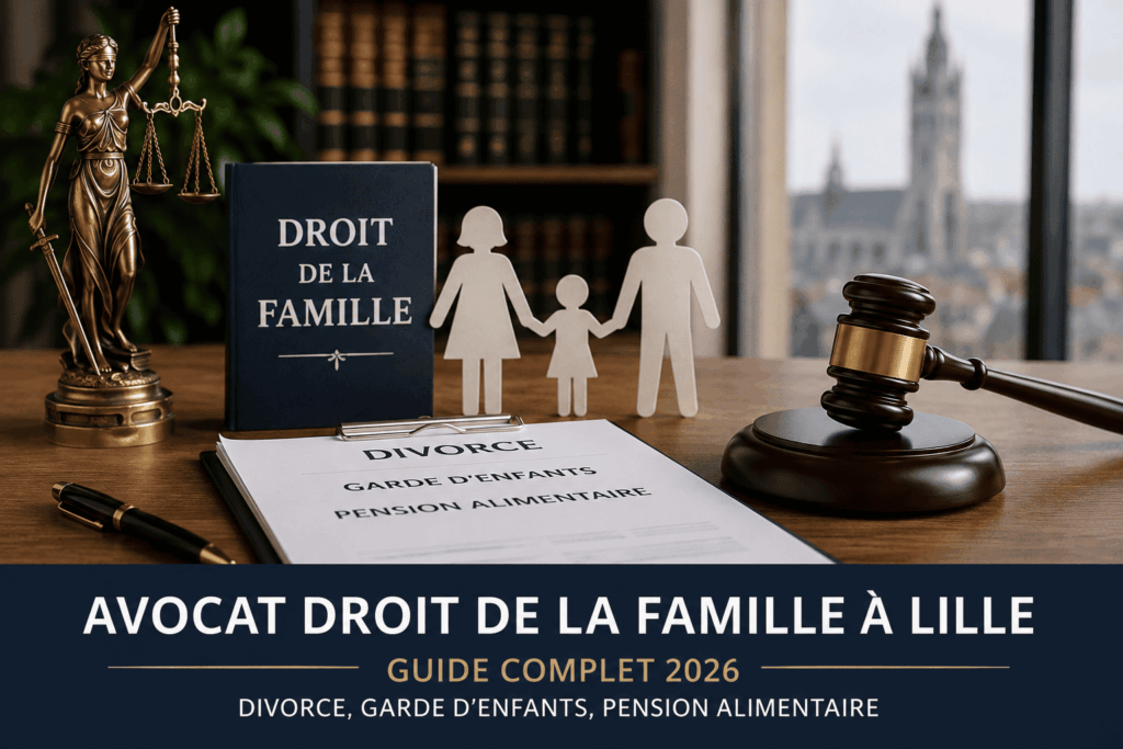 Cabinet d'avocat en droit de la famille à Lille avec documents juridiques, marteau de juge et symboles représentant le divorce, la garde d'enfants et la pension alimentaire.