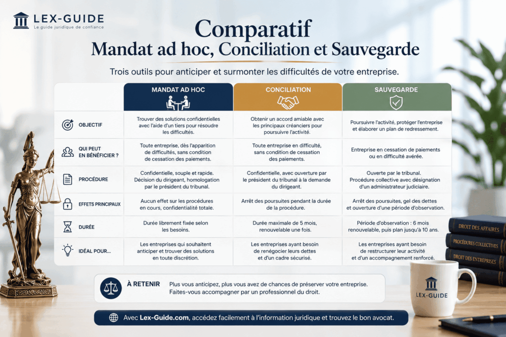 Comparatif entre mandat ad hoc, conciliation et sauvegarde pour les entreprises en difficulté